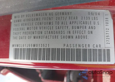 2005 Volkswagen Jetta Gls из США, поврежденный, VIN WVWSL61J55W013521